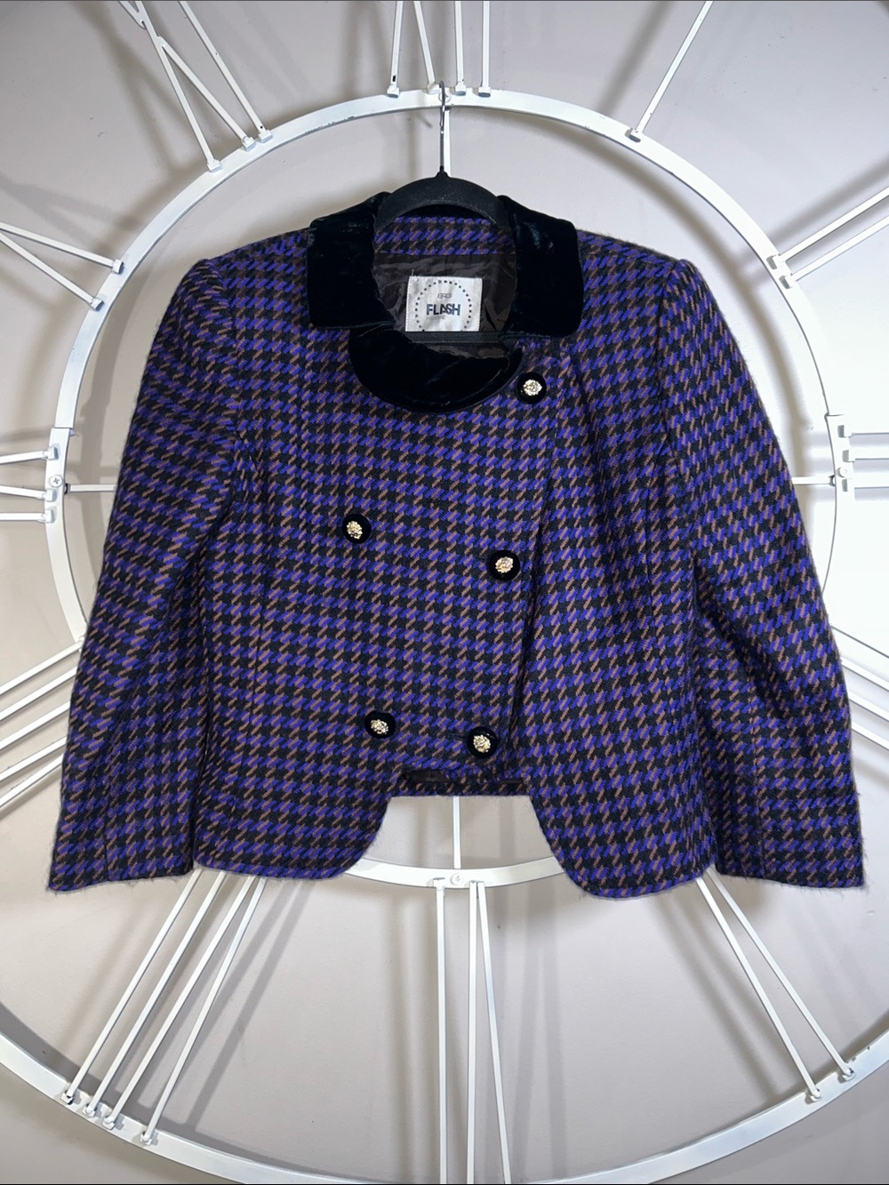 Vintage Flash Insieme Purple Houndstooth Velvet Collar Cropped Blazer